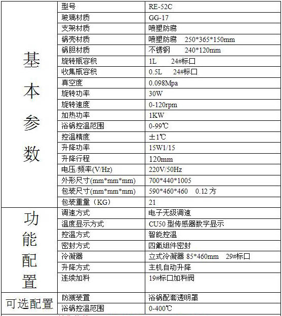 RE52C型旋轉蒸發(fā)器技術參數(shù)
